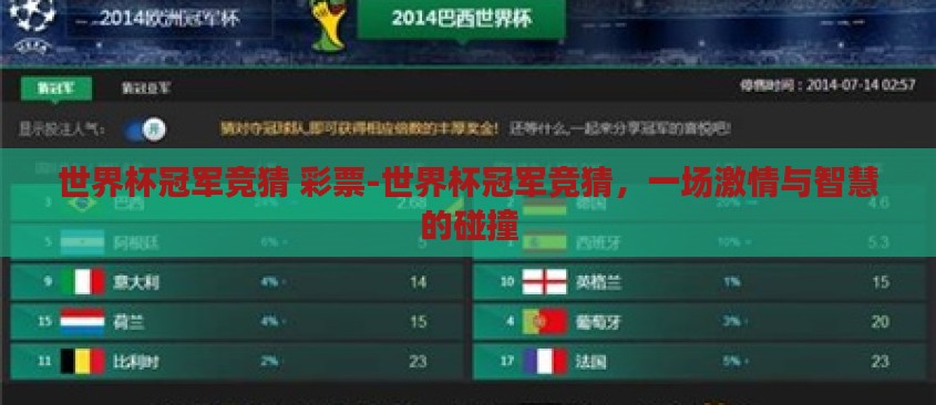 世界杯冠军竞猜 彩票-世界杯冠军竞猜,一场激情与智慧的碰撞 世界杯冠军竞猜 彩票-世界杯冠军竞猜,一场激情与智慧的碰撞